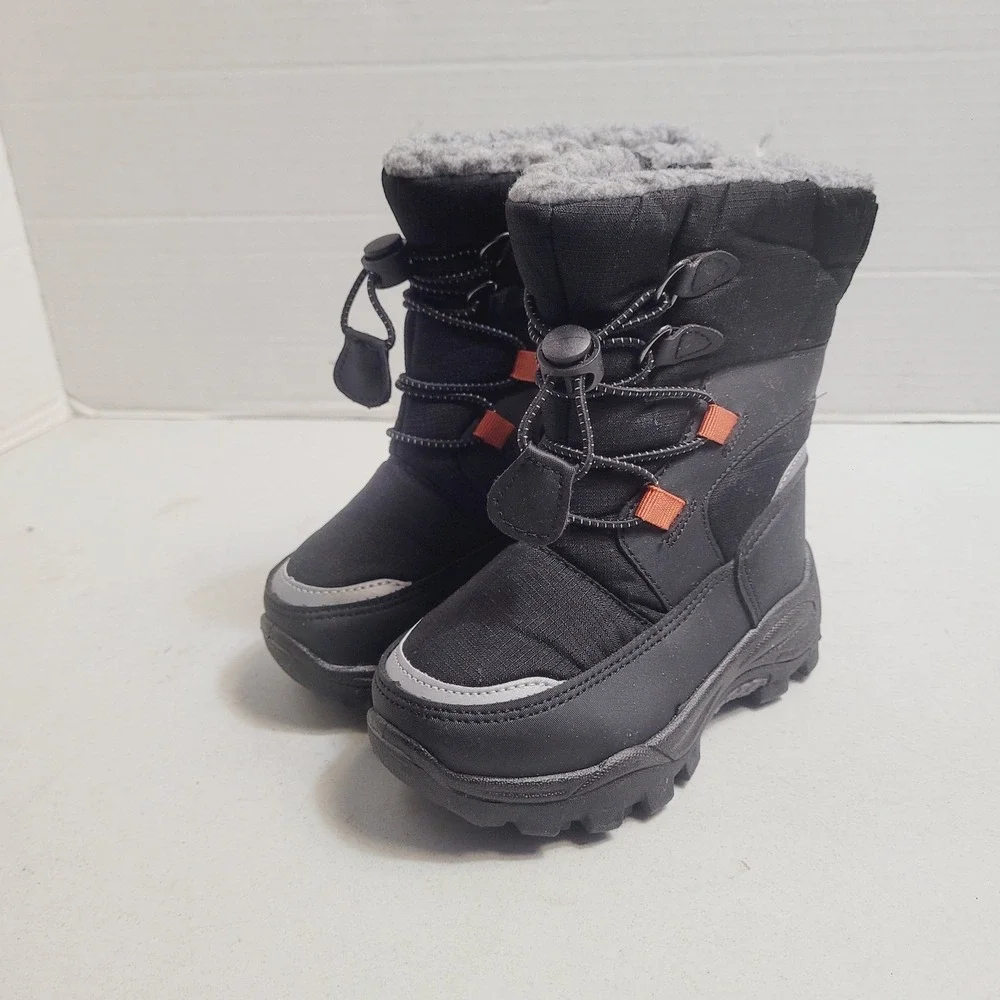 Black Winter Snow Boots Kids Size 8C Faux Fur Lined Bungee Zip Reflective Trim
